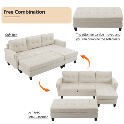 83.4" L-shaped Sofa Sectional Couch Sofa Bed with Two USB Ports, a Movable Ottoman and a Reversible Chaise Lounge for Living Room, Beige