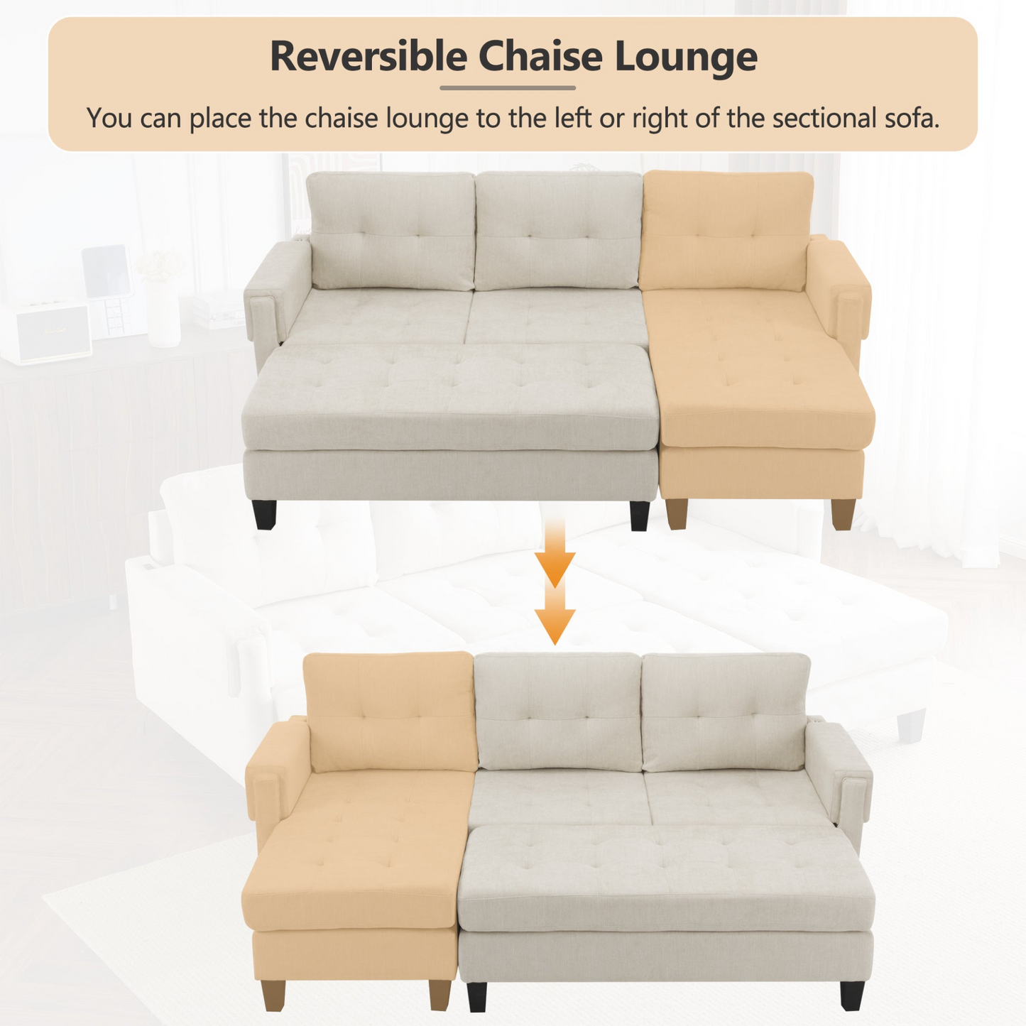 83.4" L-shaped Sofa Sectional Couch Sofa Bed with Two USB Ports, a Movable Ottoman and a Reversible Chaise Lounge for Living Room, Beige