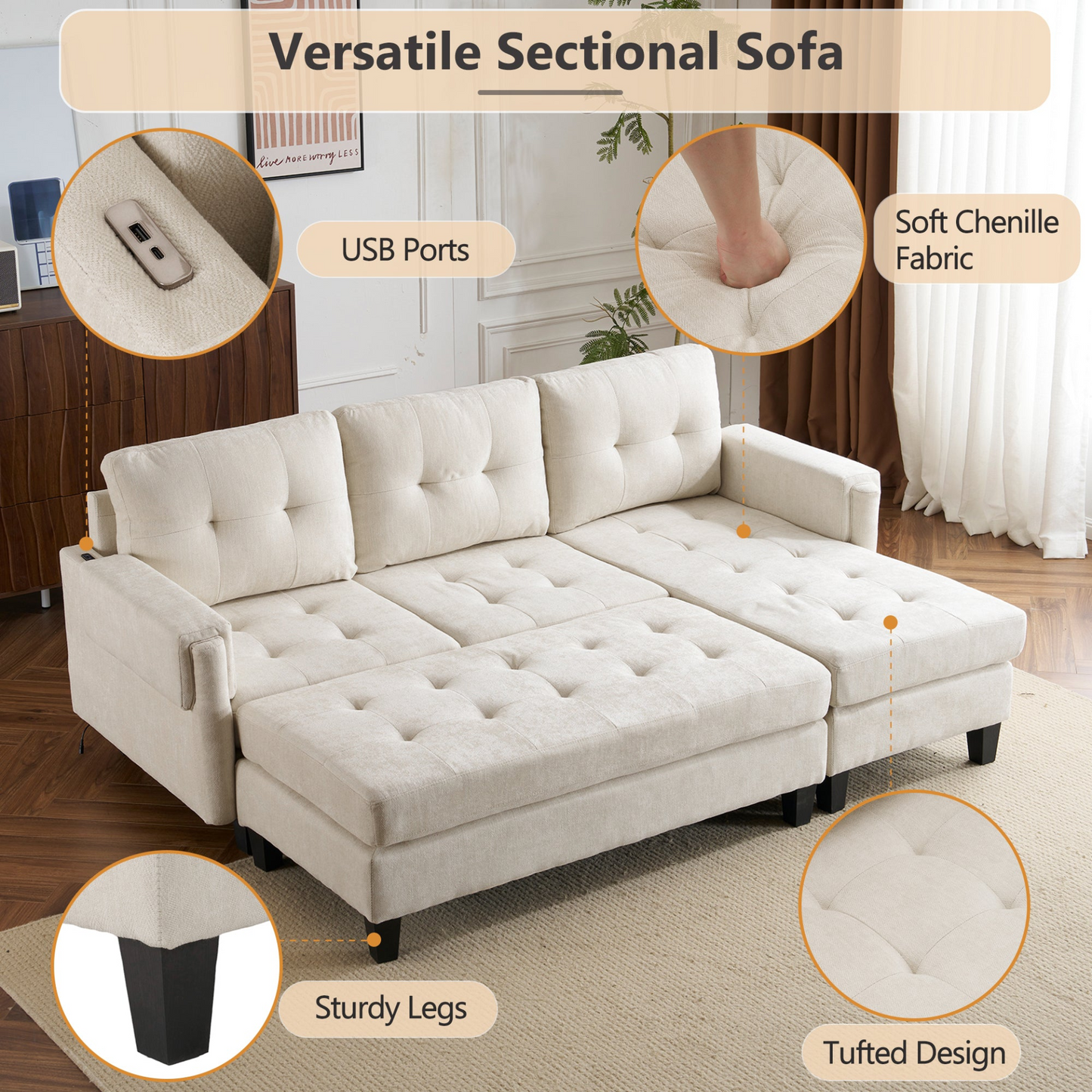 83.4" L-shaped Sofa Sectional Couch Sofa Bed with Two USB Ports, a Movable Ottoman and a Reversible Chaise Lounge for Living Room, Beige