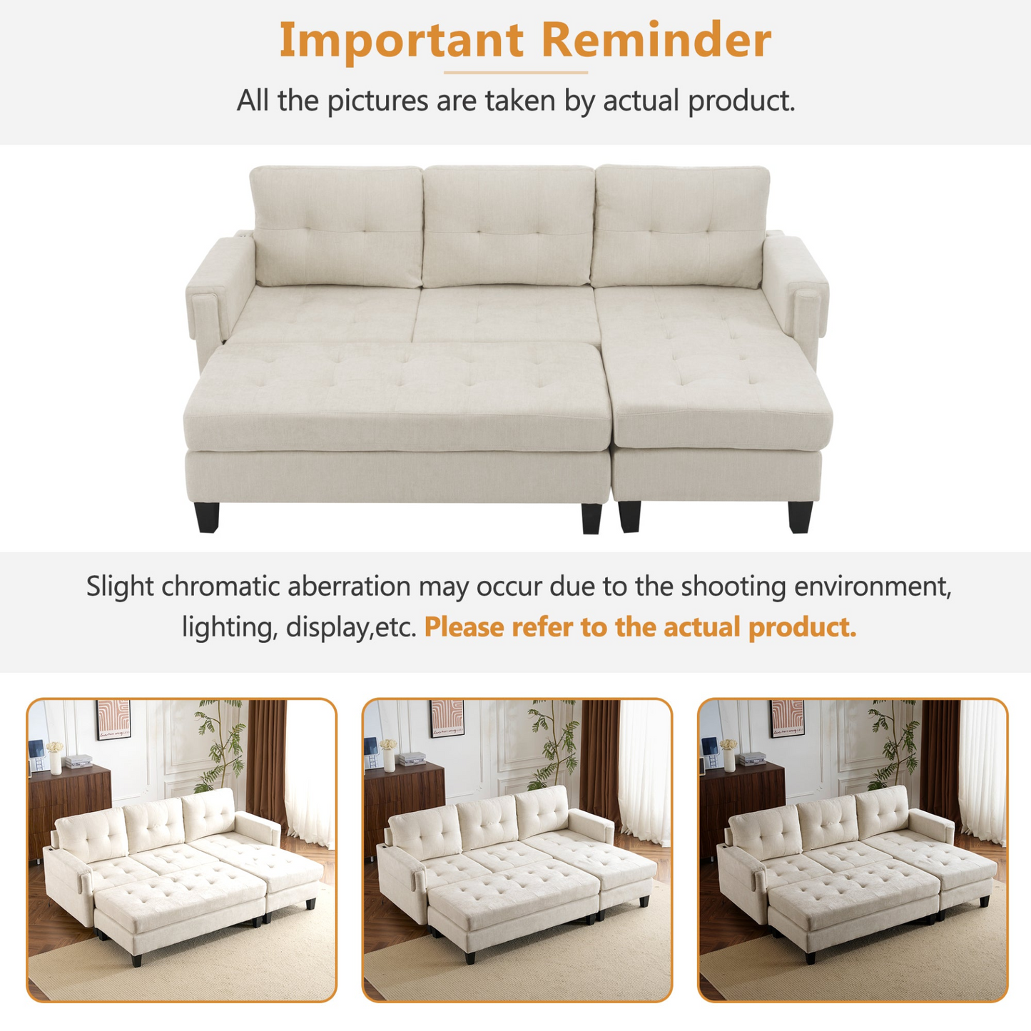 83.4" L-shaped Sofa Sectional Couch Sofa Bed with Two USB Ports, a Movable Ottoman and a Reversible Chaise Lounge for Living Room, Beige