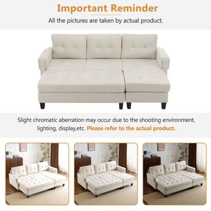 83.4" L-shaped Sofa Sectional Couch Sofa Bed with Two USB Ports, a Movable Ottoman and a Reversible Chaise Lounge for Living Room, Beige