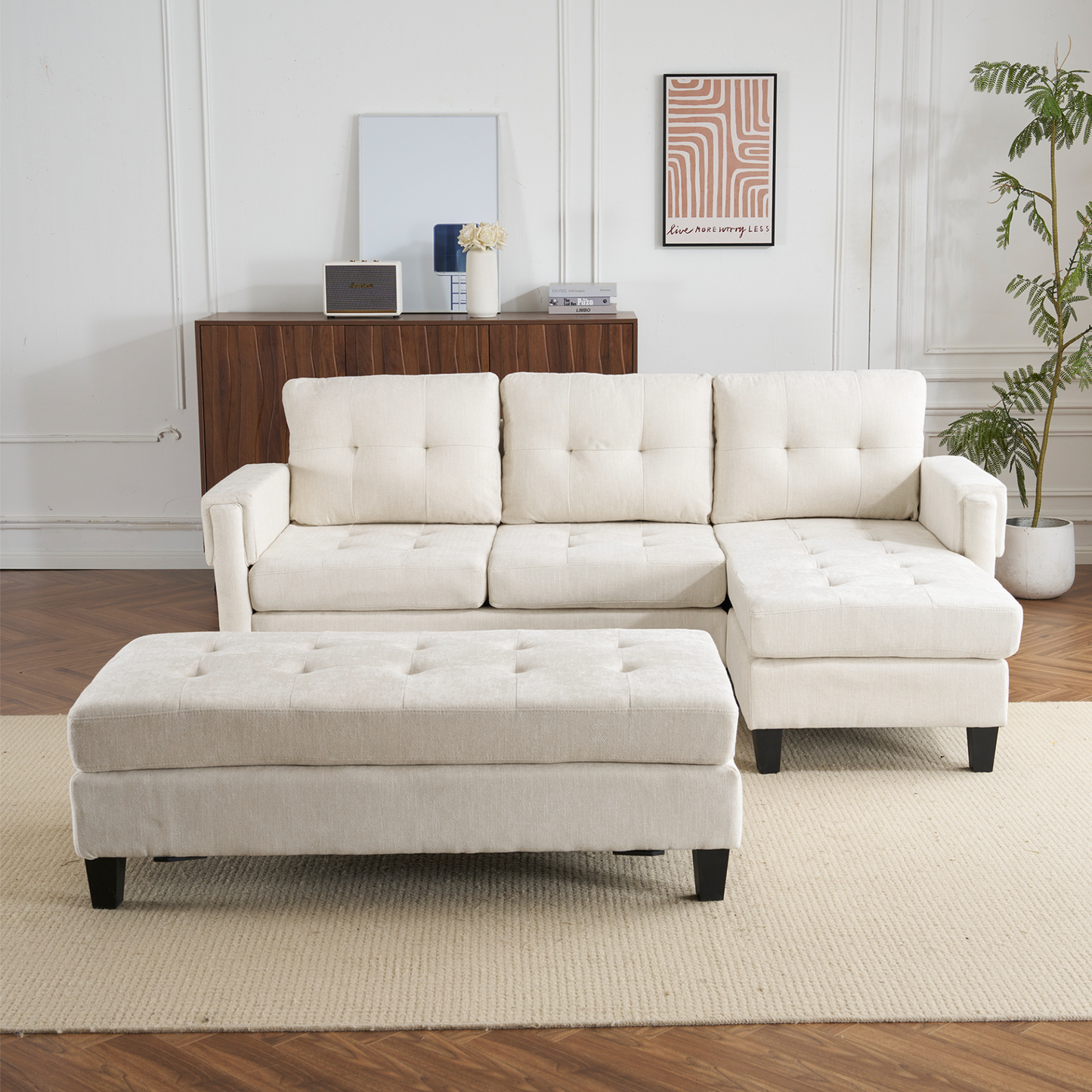 83.4" L-shaped Sofa Sectional Couch Sofa Bed with Two USB Ports, a Movable Ottoman and a Reversible Chaise Lounge for Living Room, Beige
