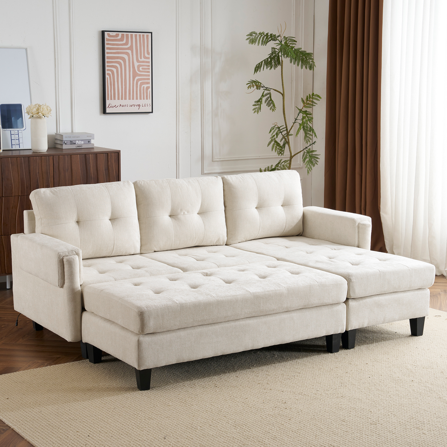 83.4" L-shaped Sofa Sectional Couch Sofa Bed with Two USB Ports, a Movable Ottoman and a Reversible Chaise Lounge for Living Room, Beige