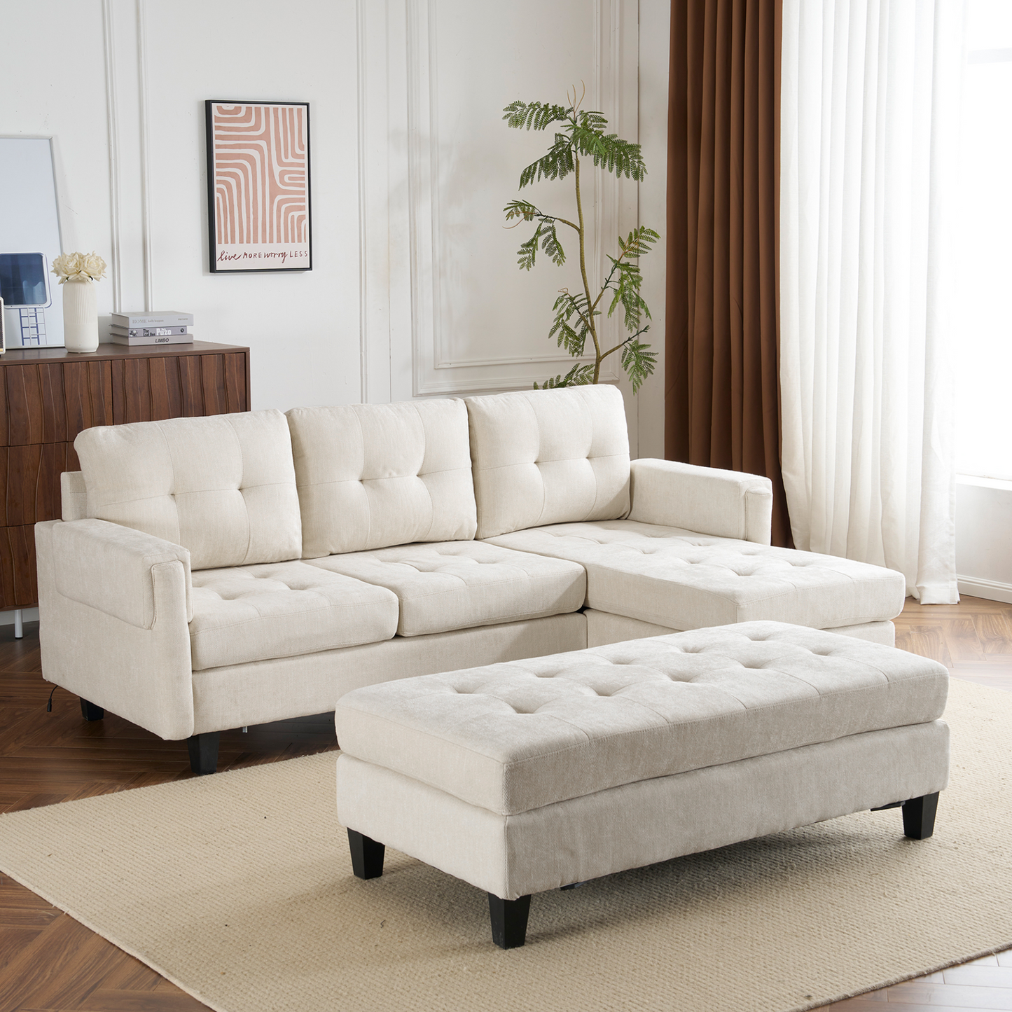 83.4" L-shaped Sofa Sectional Couch Sofa Bed with Two USB Ports, a Movable Ottoman and a Reversible Chaise Lounge for Living Room, Beige