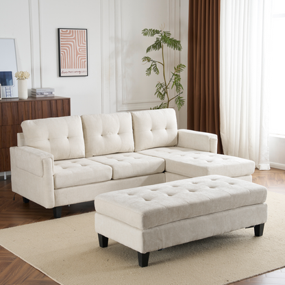 83.4" L-shaped Sofa Sectional Couch Sofa Bed with Two USB Ports, a Movable Ottoman and a Reversible Chaise Lounge for Living Room, Beige
