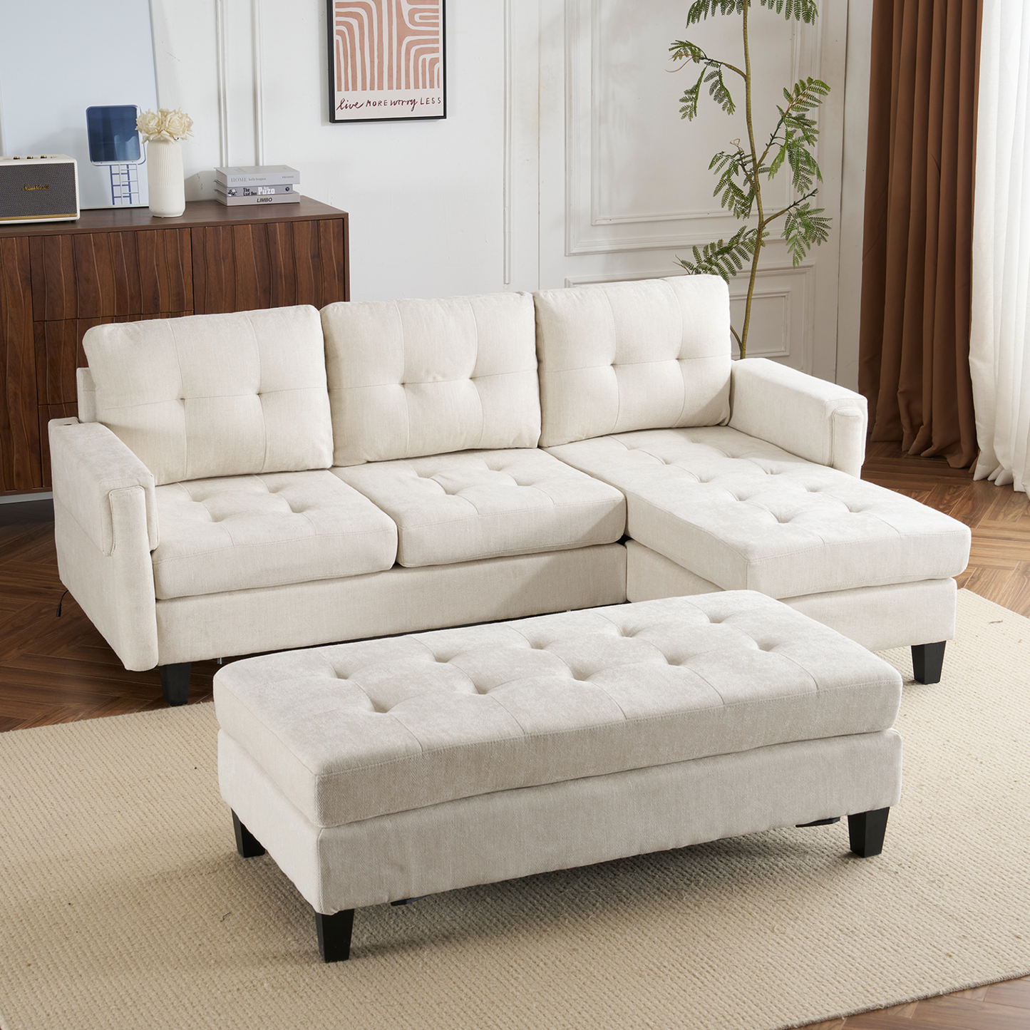 83.4" L-shaped Sofa Sectional Couch Sofa Bed with Two USB Ports, a Movable Ottoman and a Reversible Chaise Lounge for Living Room, Beige