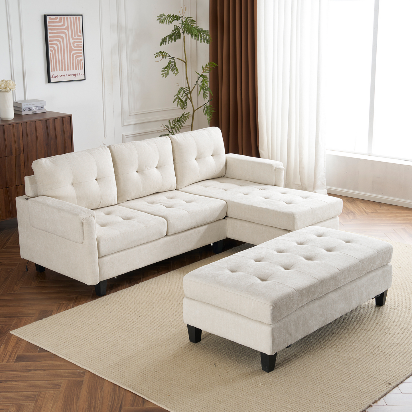 83.4" L-shaped Sofa Sectional Couch Sofa Bed with Two USB Ports, a Movable Ottoman and a Reversible Chaise Lounge for Living Room, Beige