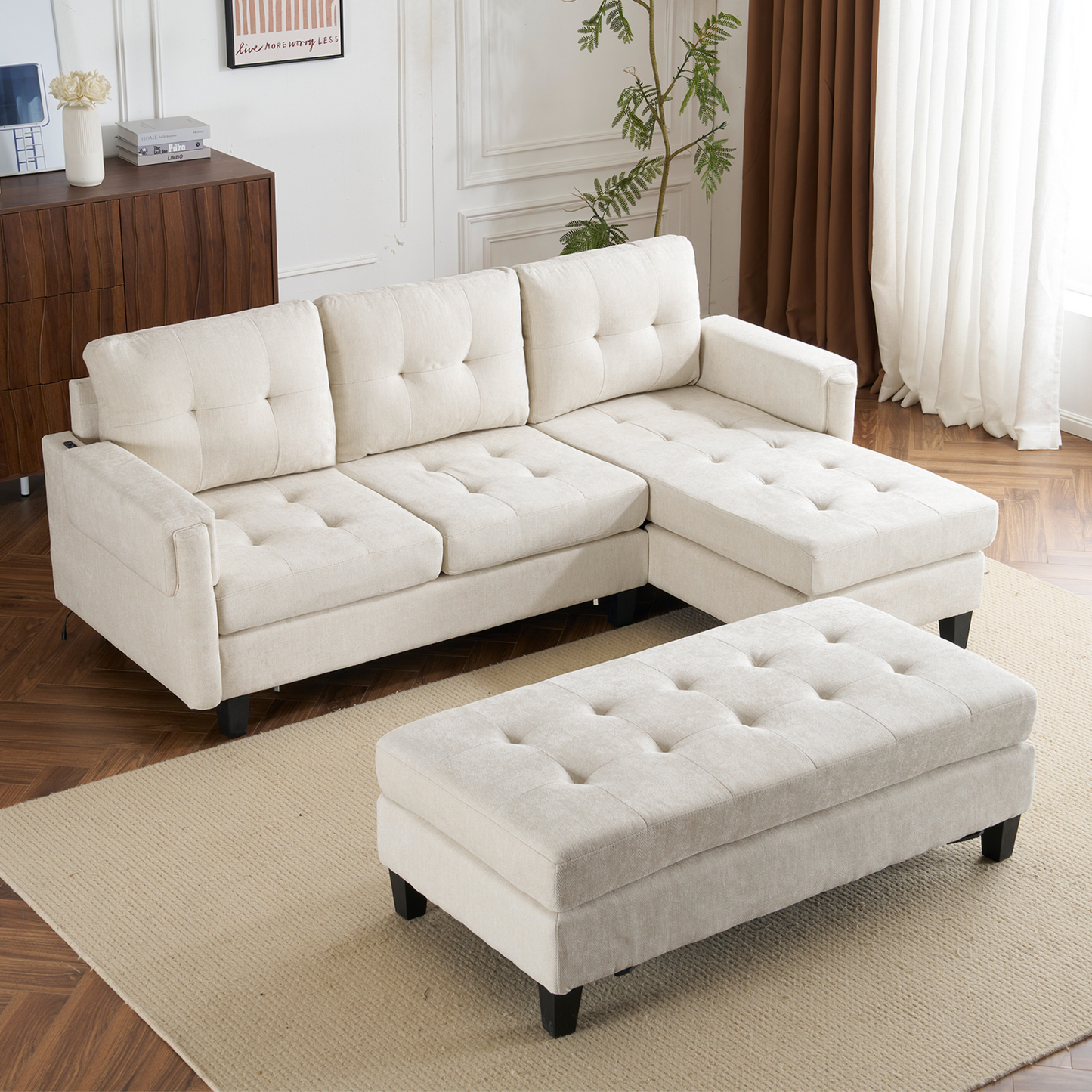 83.4" L-shaped Sofa Sectional Couch Sofa Bed with Two USB Ports, a Movable Ottoman and a Reversible Chaise Lounge for Living Room, Beige