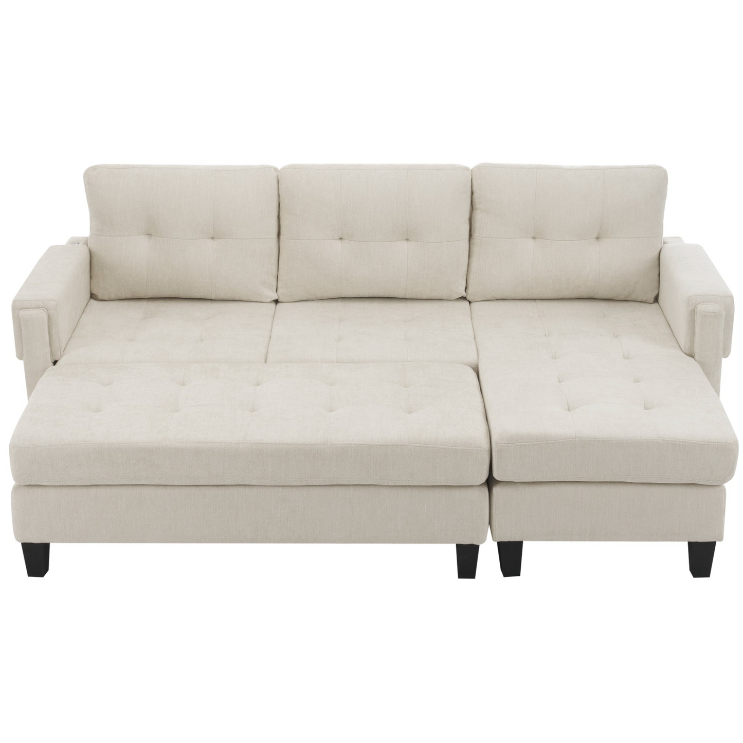 83.4" L-shaped Sofa Sectional Couch Sofa Bed with Two USB Ports, a Movable Ottoman and a Reversible Chaise Lounge for Living Room, Beige