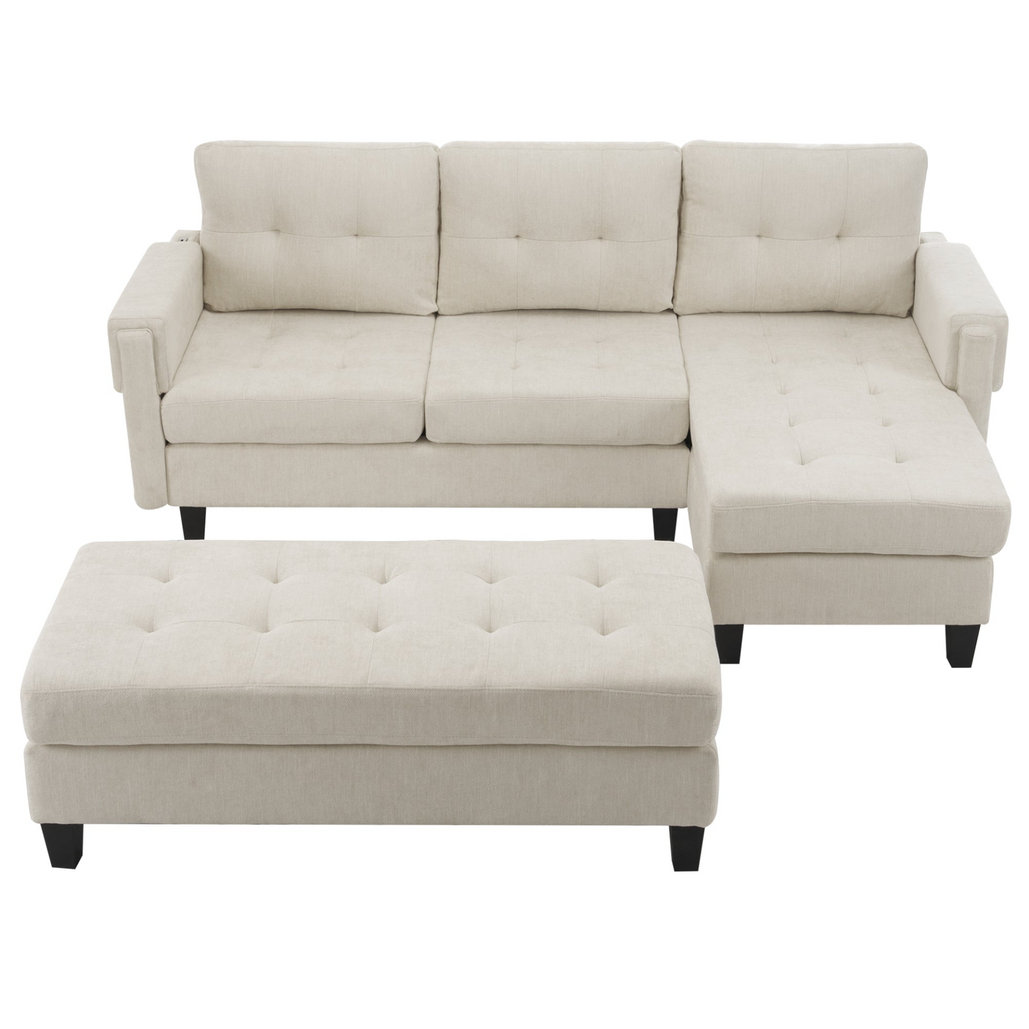 83.4" L-shaped Sofa Sectional Couch Sofa Bed with Two USB Ports, a Movable Ottoman and a Reversible Chaise Lounge for Living Room, Beige