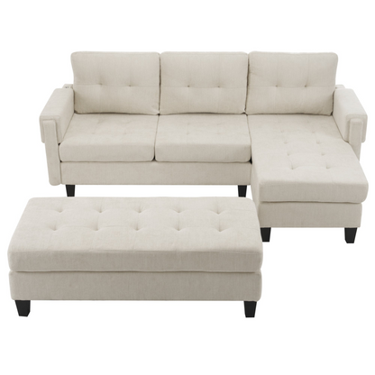 83.4" L-shaped Sofa Sectional Couch Sofa Bed with Two USB Ports, a Movable Ottoman and a Reversible Chaise Lounge for Living Room, Beige