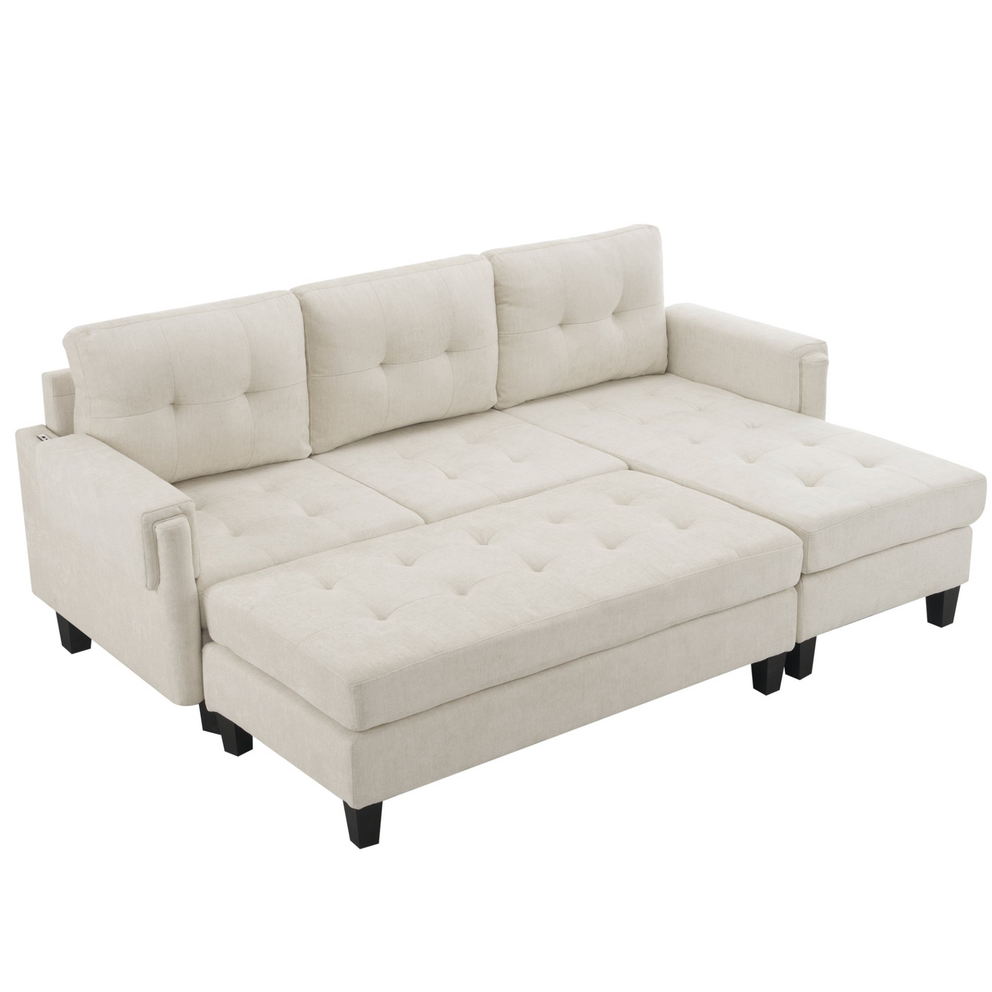 83.4" L-shaped Sofa Sectional Couch Sofa Bed with Two USB Ports, a Movable Ottoman and a Reversible Chaise Lounge for Living Room, Beige