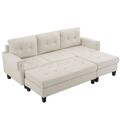 83.4" L-shaped Sofa Sectional Couch Sofa Bed with Two USB Ports, a Movable Ottoman and a Reversible Chaise Lounge for Living Room, Beige