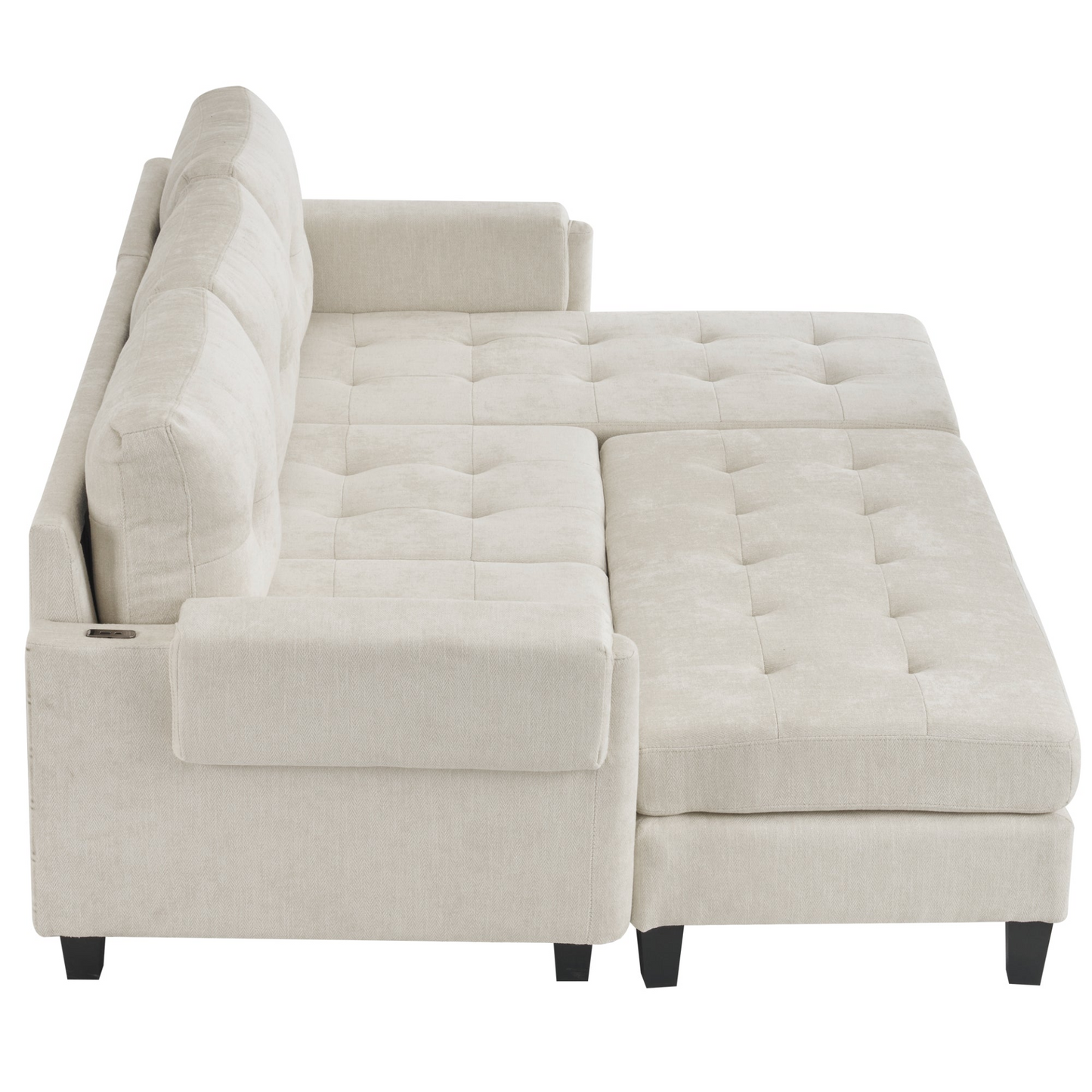 83.4" L-shaped Sofa Sectional Couch Sofa Bed with Two USB Ports, a Movable Ottoman and a Reversible Chaise Lounge for Living Room, Beige