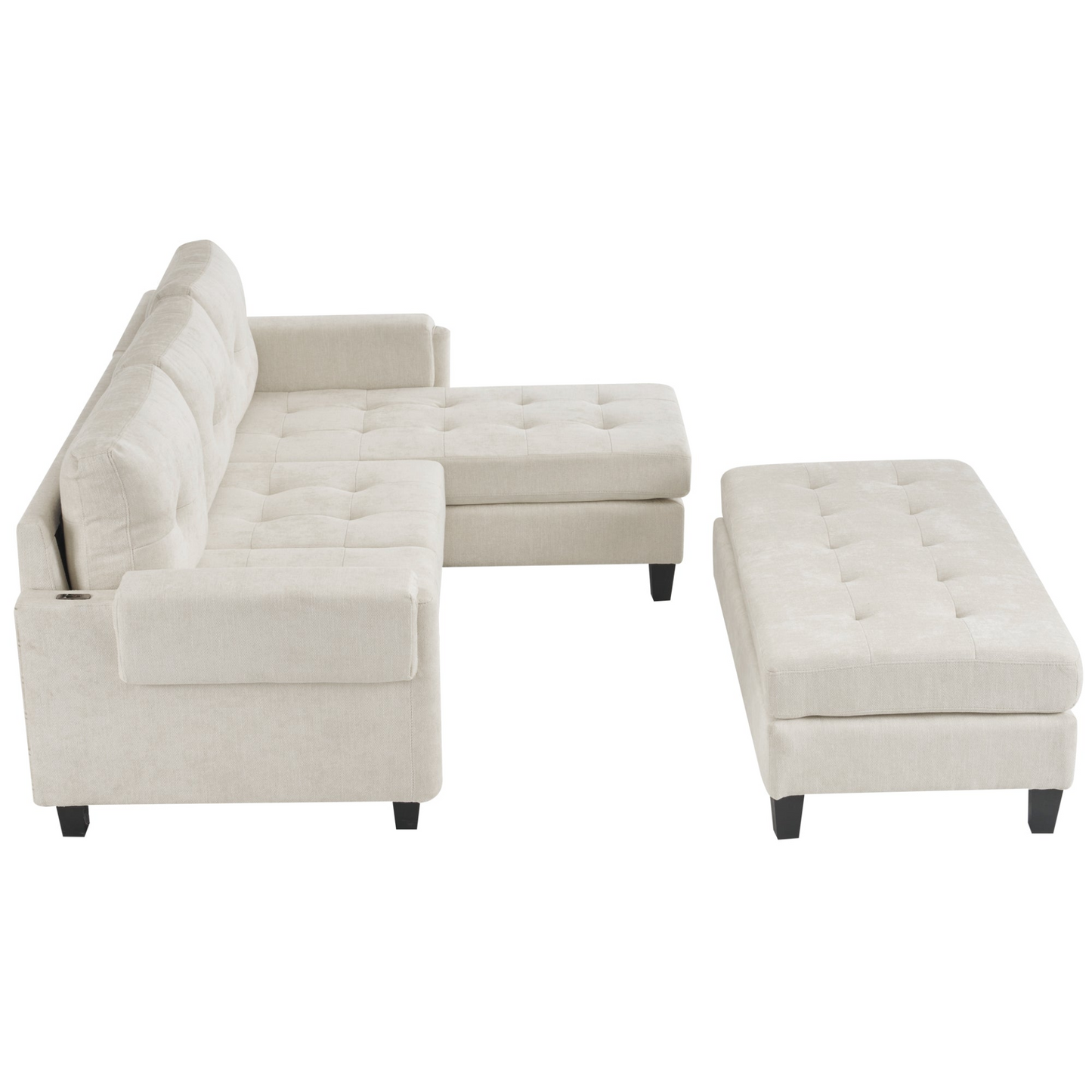 83.4" L-shaped Sofa Sectional Couch Sofa Bed with Two USB Ports, a Movable Ottoman and a Reversible Chaise Lounge for Living Room, Beige