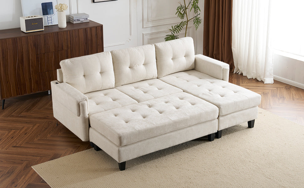 83.4" L-shaped Sofa Sectional Couch Sofa Bed with Two USB Ports, a Movable Ottoman and a Reversible Chaise Lounge for Living Room, Beige