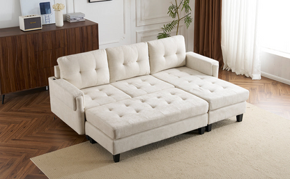 83.4" L-shaped Sofa Sectional Couch Sofa Bed with Two USB Ports, a Movable Ottoman and a Reversible Chaise Lounge for Living Room, Beige