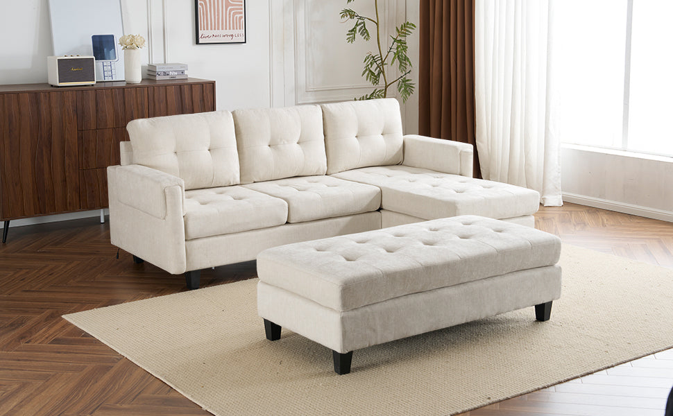 83.4" L-shaped Sofa Sectional Couch Sofa Bed with Two USB Ports, a Movable Ottoman and a Reversible Chaise Lounge for Living Room, Beige