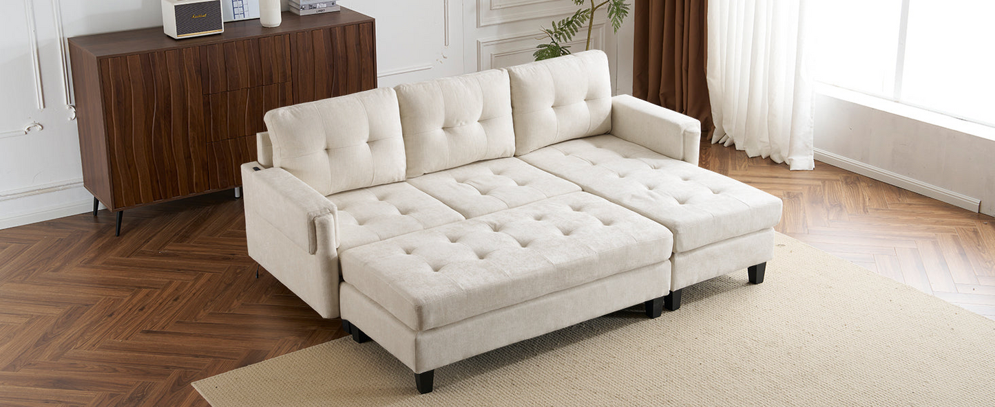 83.4" L-shaped Sofa Sectional Couch Sofa Bed with Two USB Ports, a Movable Ottoman and a Reversible Chaise Lounge for Living Room, Beige