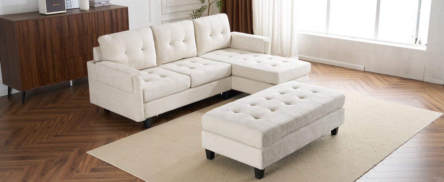 83.4" L-shaped Sofa Sectional Couch Sofa Bed with Two USB Ports, a Movable Ottoman and a Reversible Chaise Lounge for Living Room, Beige