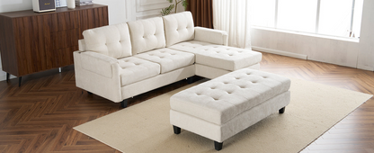 83.4" L-shaped Sofa Sectional Couch Sofa Bed with Two USB Ports, a Movable Ottoman and a Reversible Chaise Lounge for Living Room, Beige