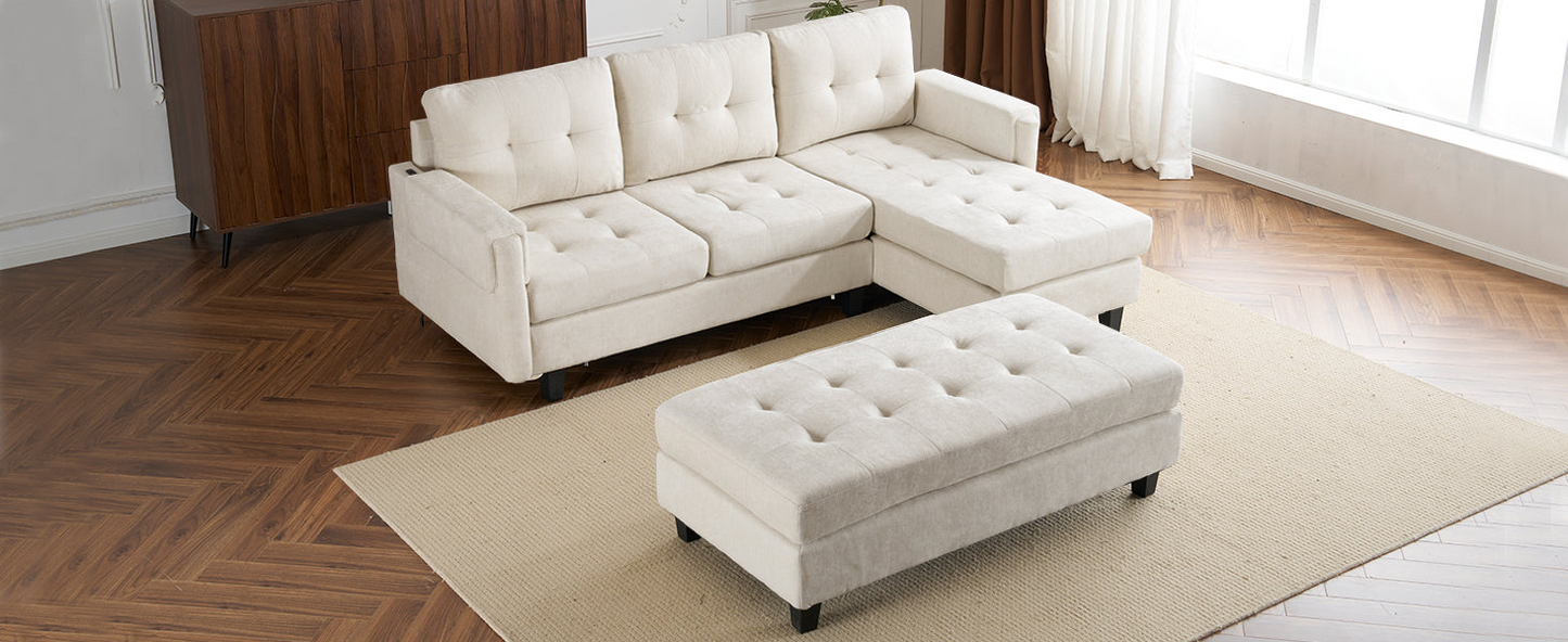 83.4" L-shaped Sofa Sectional Couch Sofa Bed with Two USB Ports, a Movable Ottoman and a Reversible Chaise Lounge for Living Room, Beige