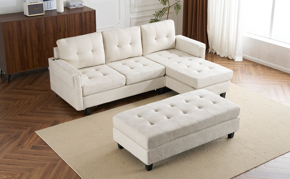 83.4" L-shaped Sofa Sectional Couch Sofa Bed with Two USB Ports, a Movable Ottoman and a Reversible Chaise Lounge for Living Room, Beige