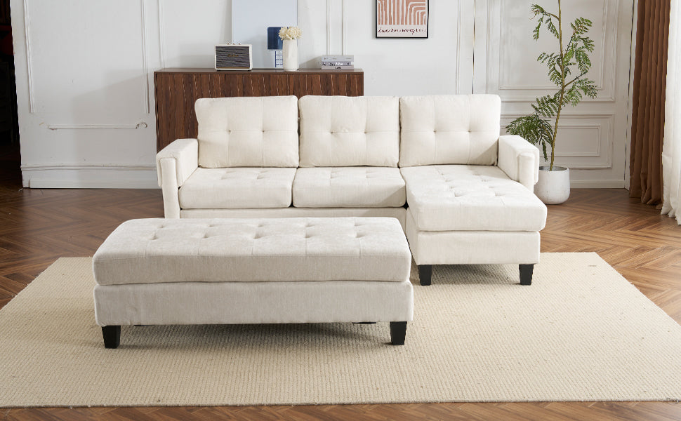83.4" L-shaped Sofa Sectional Couch Sofa Bed with Two USB Ports, a Movable Ottoman and a Reversible Chaise Lounge for Living Room, Beige