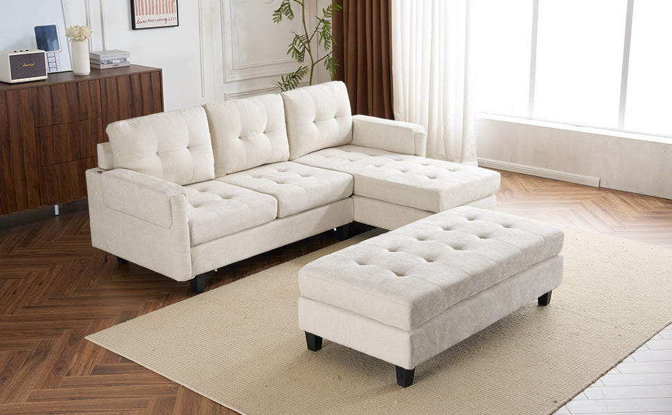 83.4" L-shaped Sofa Sectional Couch Sofa Bed with Two USB Ports, a Movable Ottoman and a Reversible Chaise Lounge for Living Room, Beige