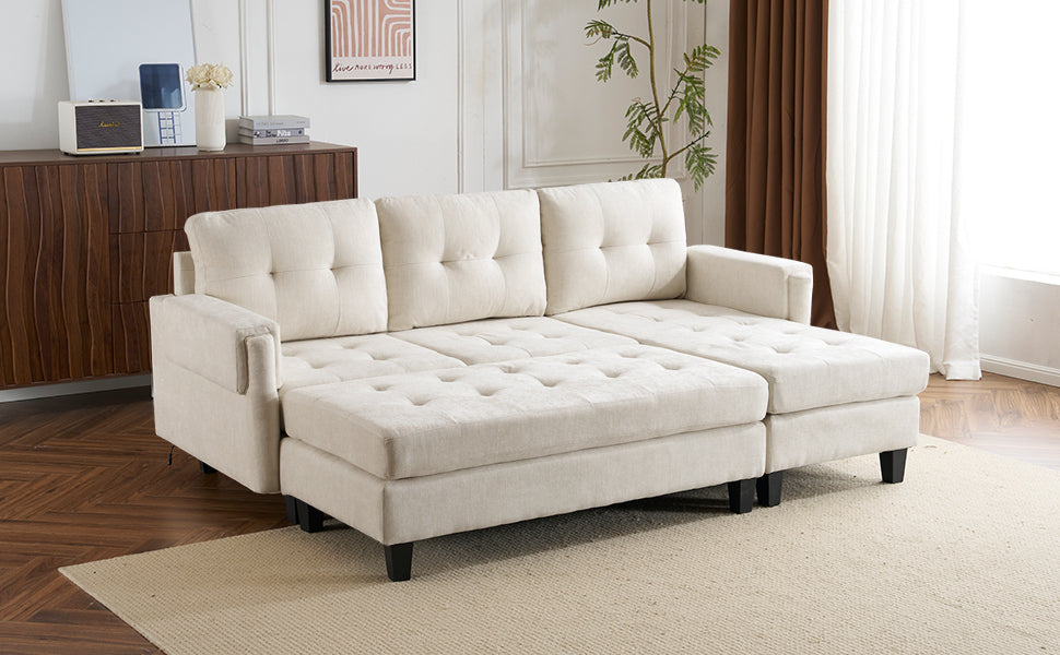 83.4" L-shaped Sofa Sectional Couch Sofa Bed with Two USB Ports, a Movable Ottoman and a Reversible Chaise Lounge for Living Room, Beige