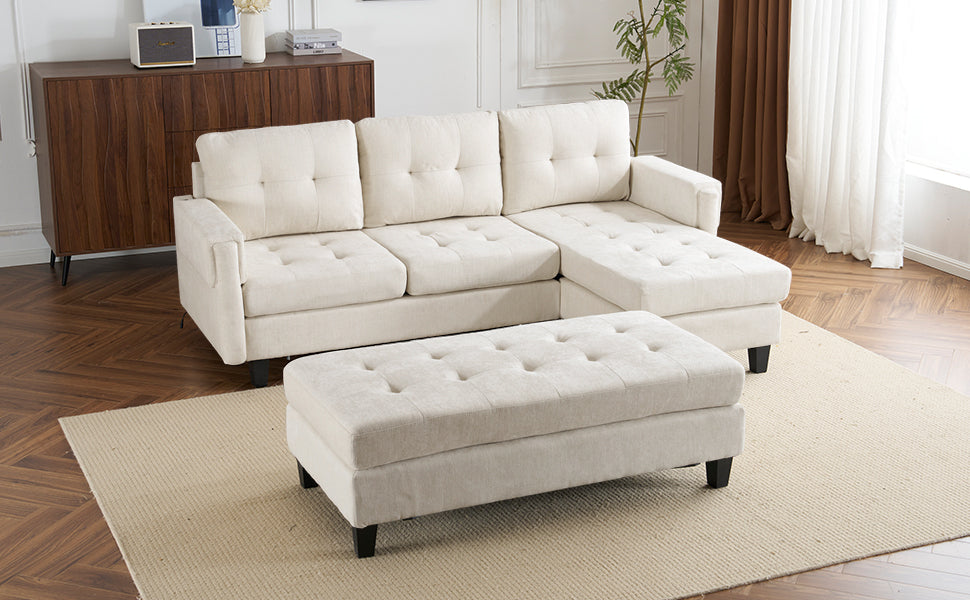83.4" L-shaped Sofa Sectional Couch Sofa Bed with Two USB Ports, a Movable Ottoman and a Reversible Chaise Lounge for Living Room, Beige