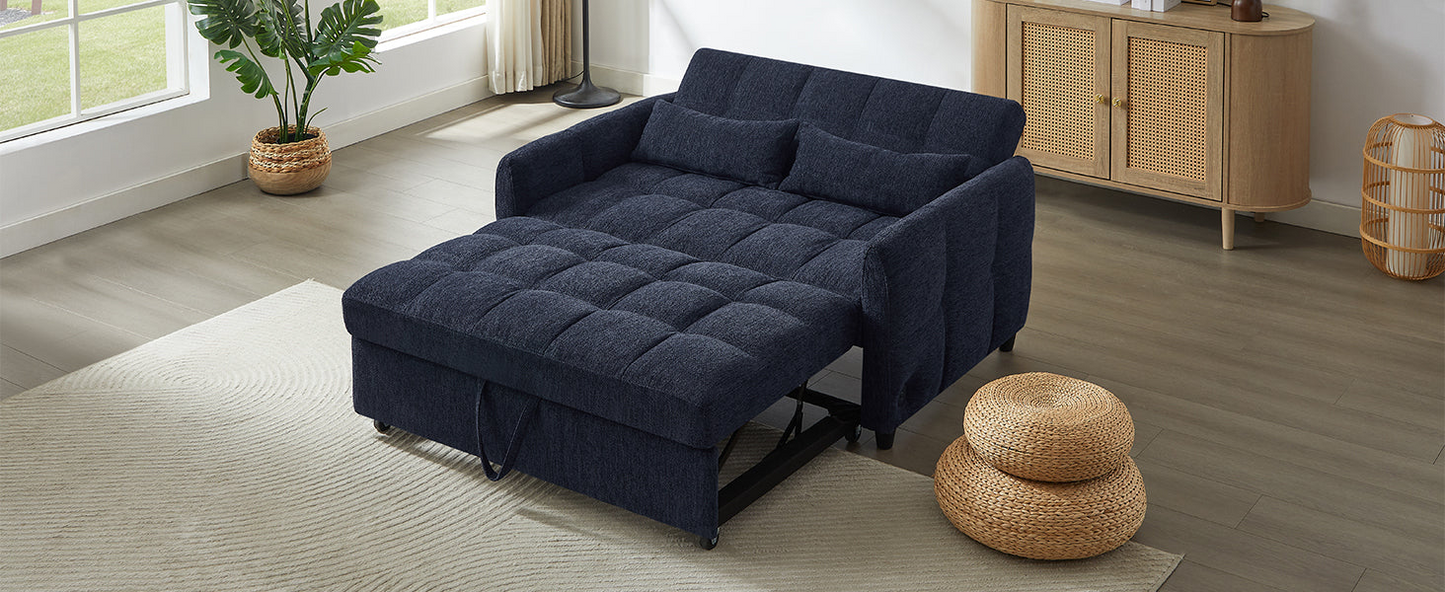 52.8" Loveseat Sofa Pull-out Sofa Bed Tufted Sleeper Sofa with an Adjustable Backrest, Three USB Ports and Two Lumbar Pillows for Living Room, Blue