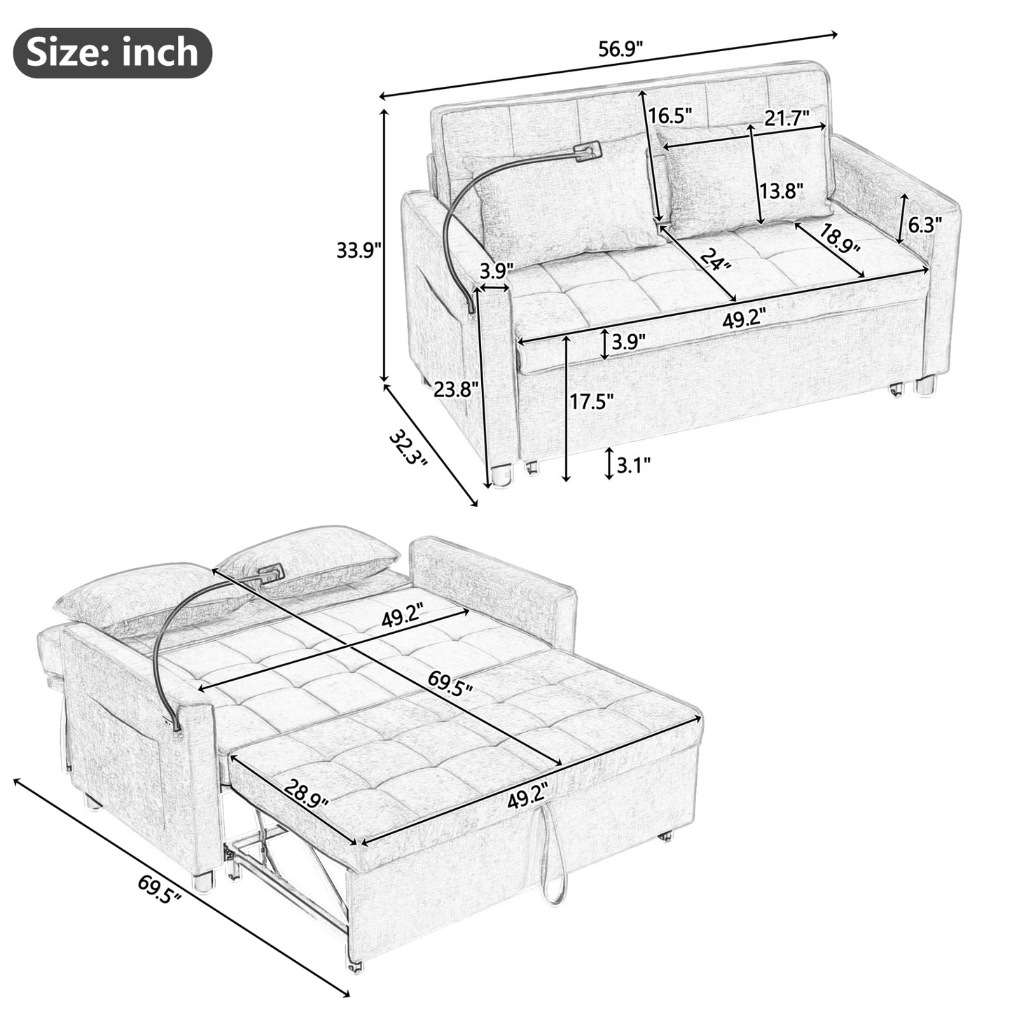 56.9" Loveseat Sofa Pull-out Sofa Bed Sleeper Sofa with a Reversible Backrest Cushion, Side Pockets, Two USB Ports and a Phone Holder for Living Room, Blue