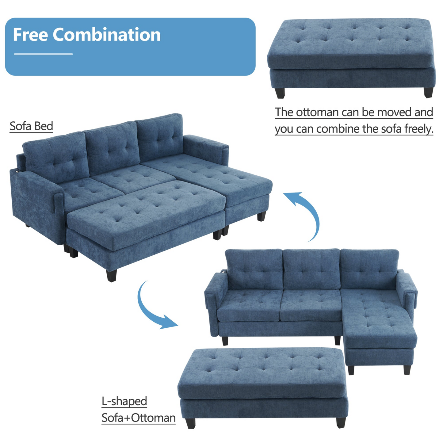 83.4" L-shaped Sofa Sectional Couch Sofa Bed with Two USB Ports, a Movable Ottoman and a Reversible Chaise Lounge for Living Room, Navy Blue