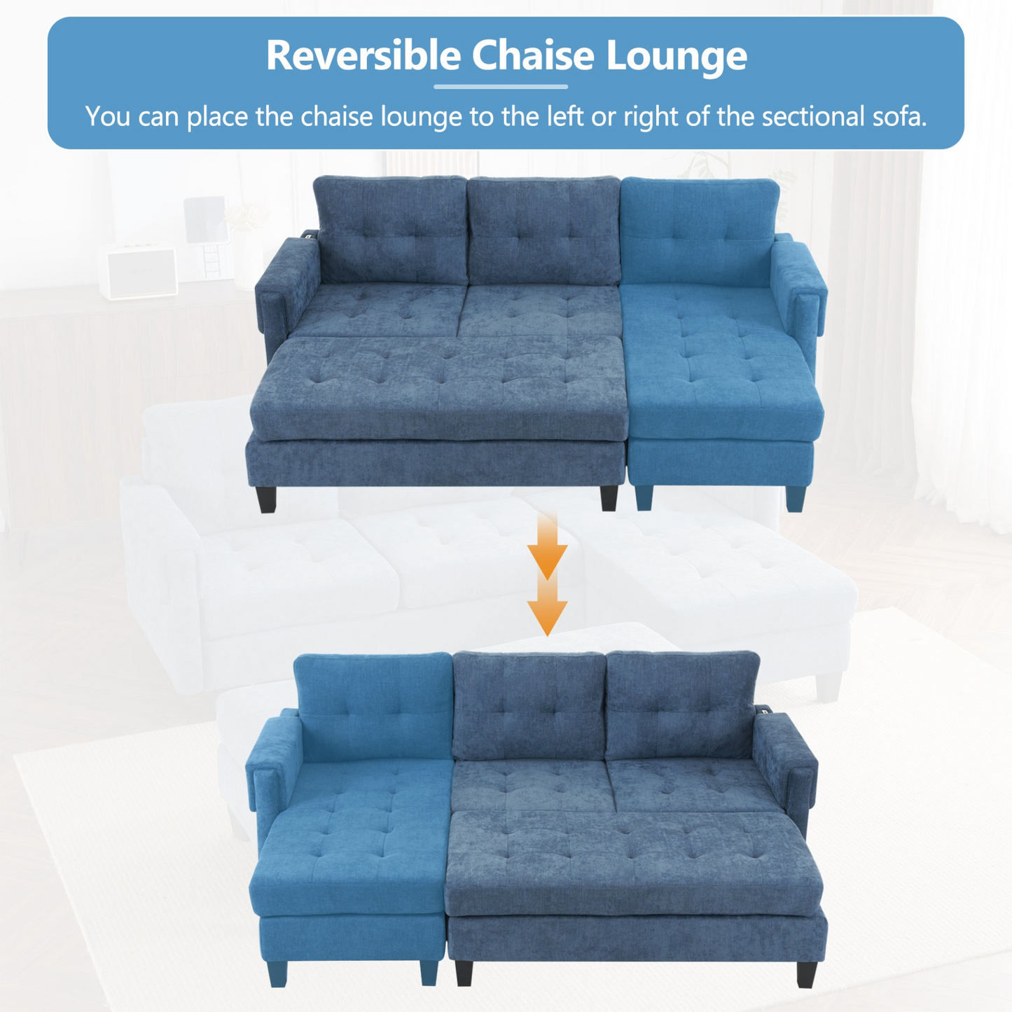 83.4" L-shaped Sofa Sectional Couch Sofa Bed with Two USB Ports, a Movable Ottoman and a Reversible Chaise Lounge for Living Room, Navy Blue