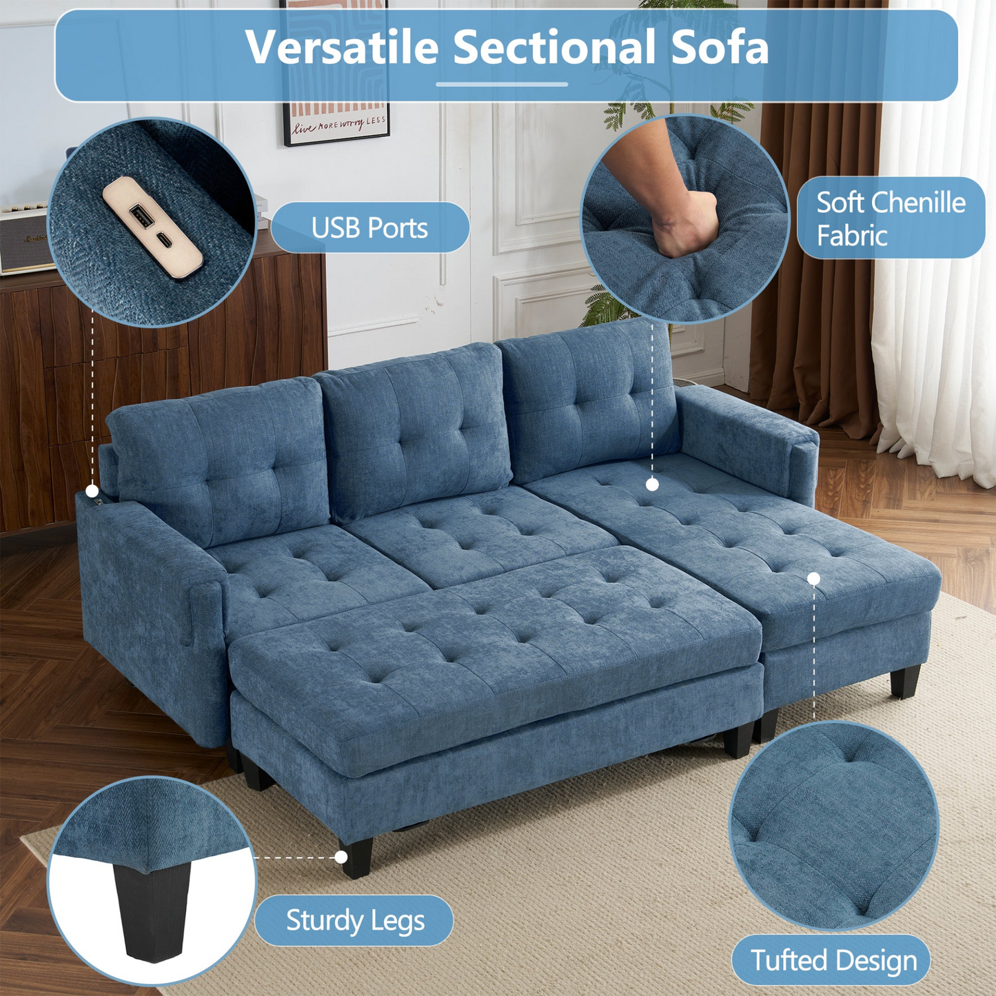 83.4" L-shaped Sofa Sectional Couch Sofa Bed with Two USB Ports, a Movable Ottoman and a Reversible Chaise Lounge for Living Room, Navy Blue