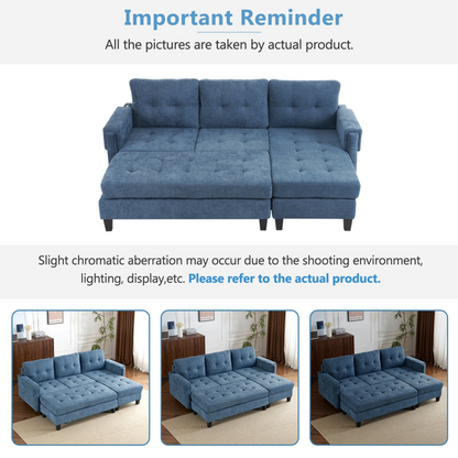 83.4" L-shaped Sofa Sectional Couch Sofa Bed with Two USB Ports, a Movable Ottoman and a Reversible Chaise Lounge for Living Room, Navy Blue