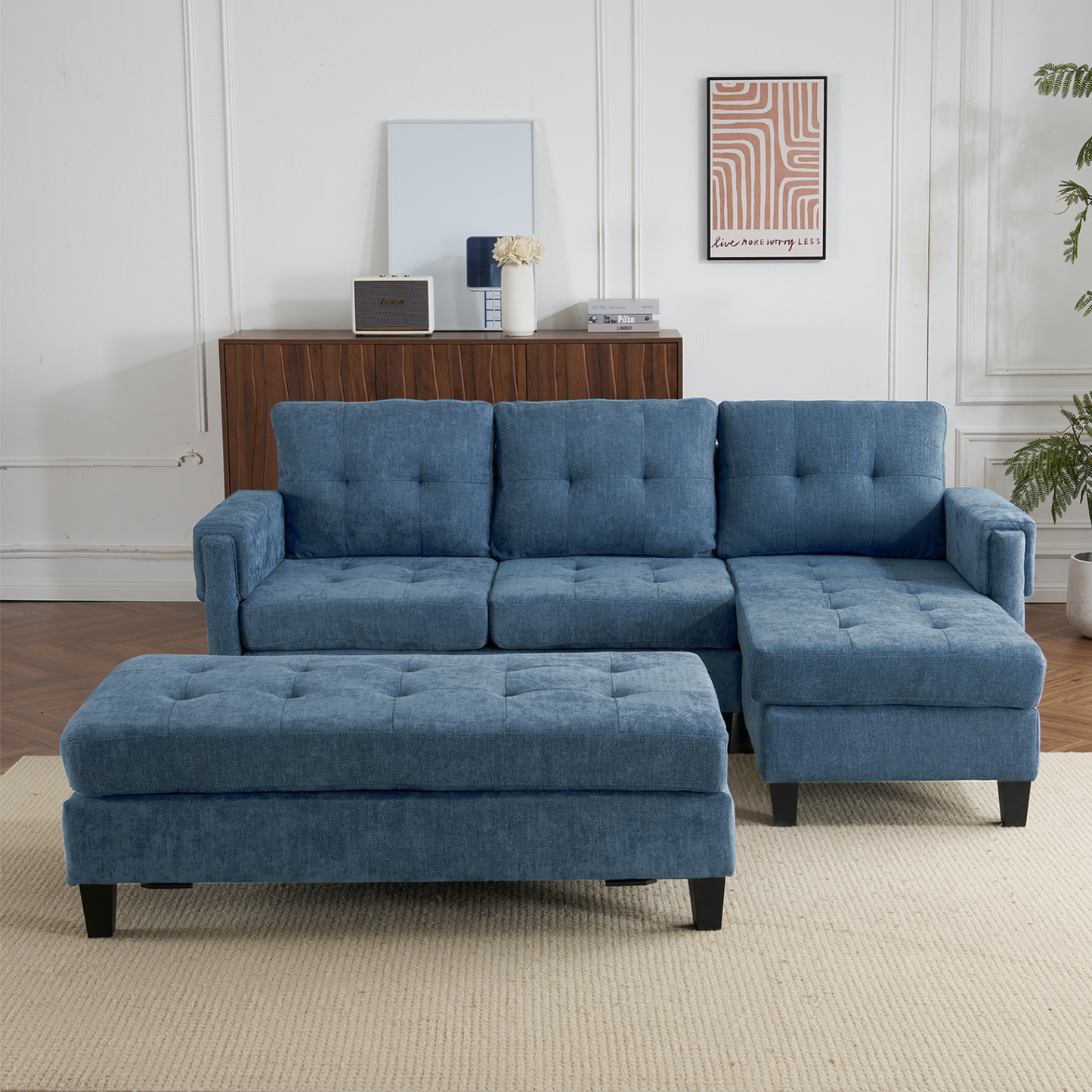 83.4" L-shaped Sofa Sectional Couch Sofa Bed with Two USB Ports, a Movable Ottoman and a Reversible Chaise Lounge for Living Room, Navy Blue