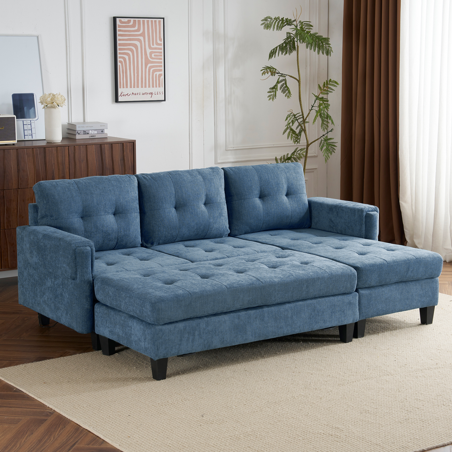 83.4" L-shaped Sofa Sectional Couch Sofa Bed with Two USB Ports, a Movable Ottoman and a Reversible Chaise Lounge for Living Room, Navy Blue