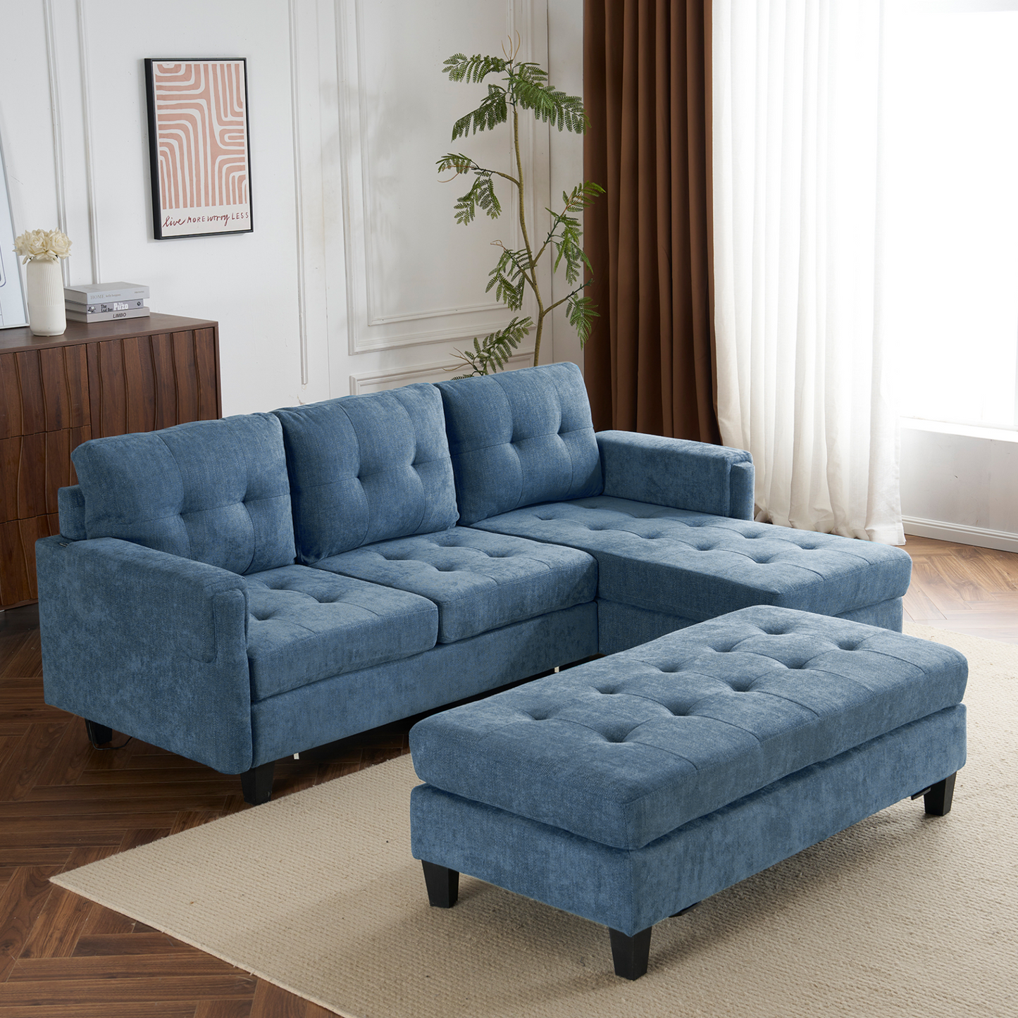 83.4" L-shaped Sofa Sectional Couch Sofa Bed with Two USB Ports, a Movable Ottoman and a Reversible Chaise Lounge for Living Room, Navy Blue