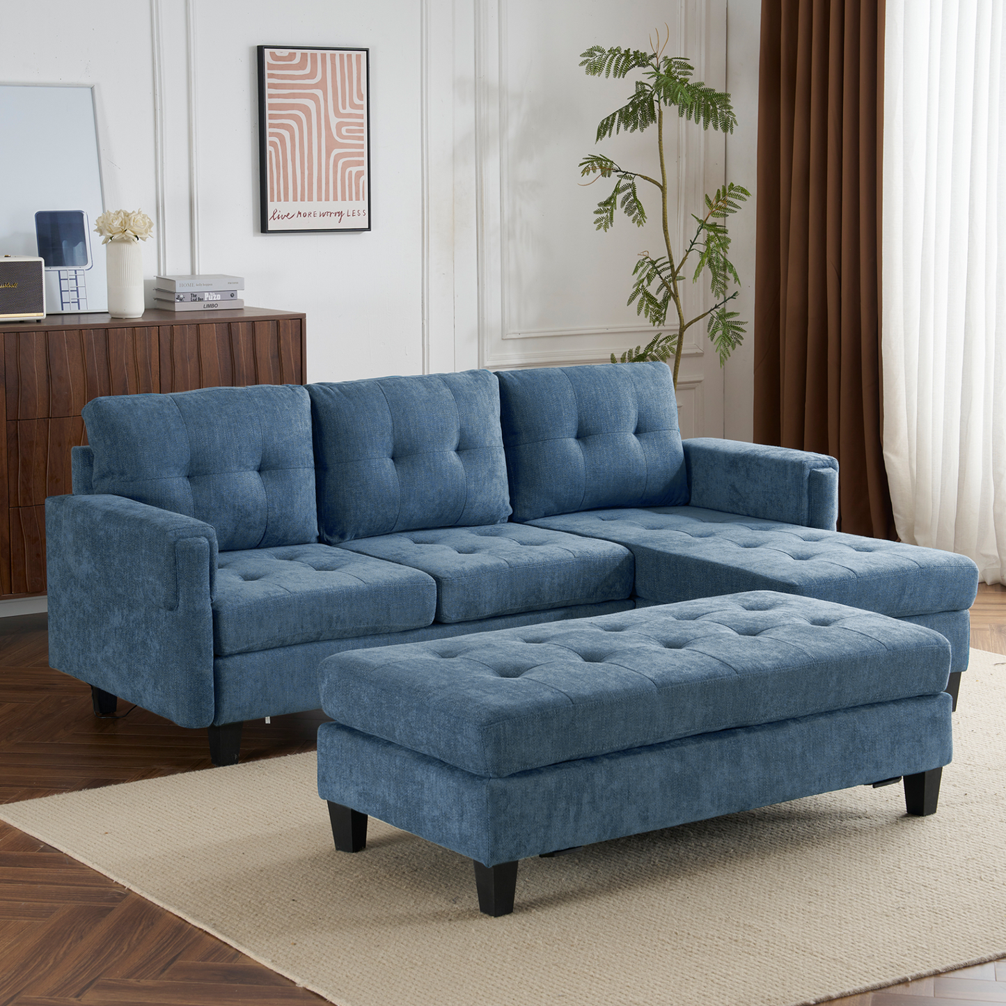 83.4" L-shaped Sofa Sectional Couch Sofa Bed with Two USB Ports, a Movable Ottoman and a Reversible Chaise Lounge for Living Room, Navy Blue