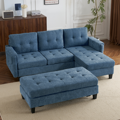83.4" L-shaped Sofa Sectional Couch Sofa Bed with Two USB Ports, a Movable Ottoman and a Reversible Chaise Lounge for Living Room, Navy Blue