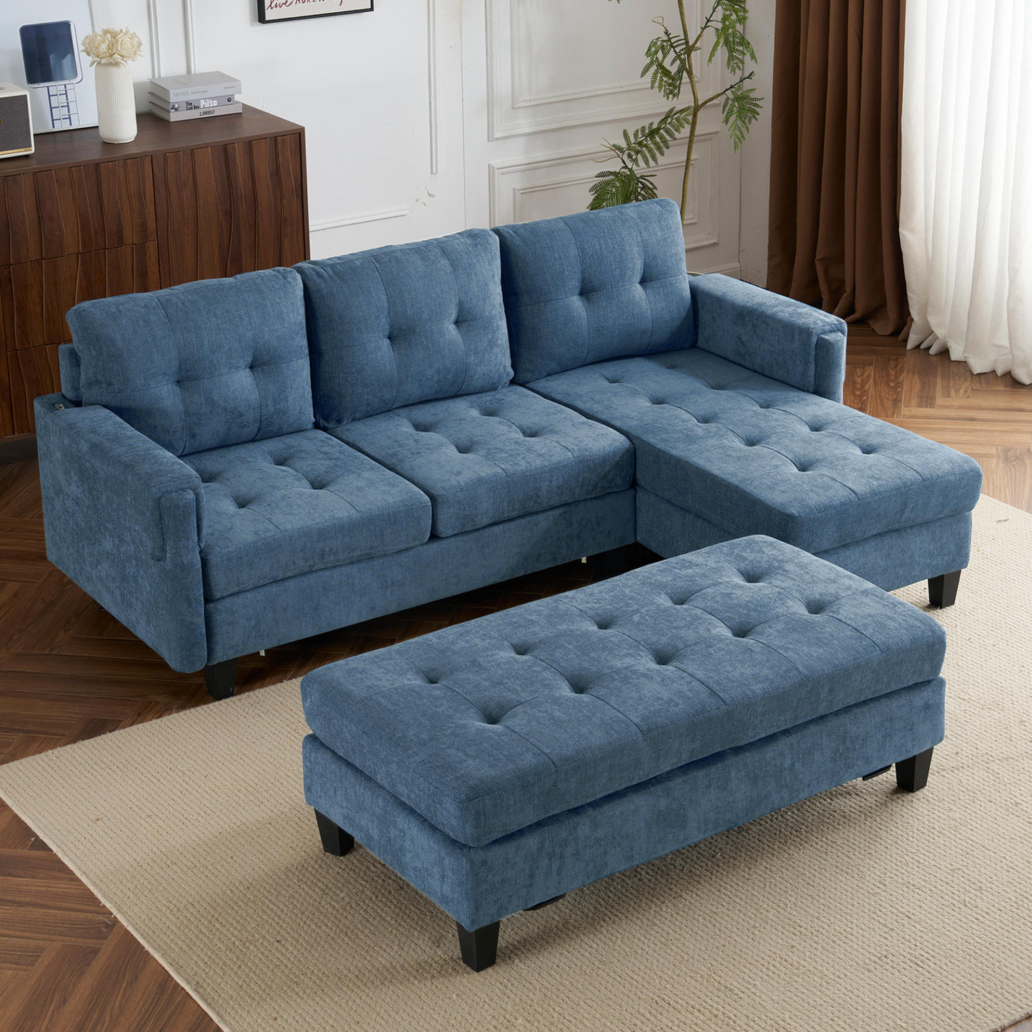83.4" L-shaped Sofa Sectional Couch Sofa Bed with Two USB Ports, a Movable Ottoman and a Reversible Chaise Lounge for Living Room, Navy Blue