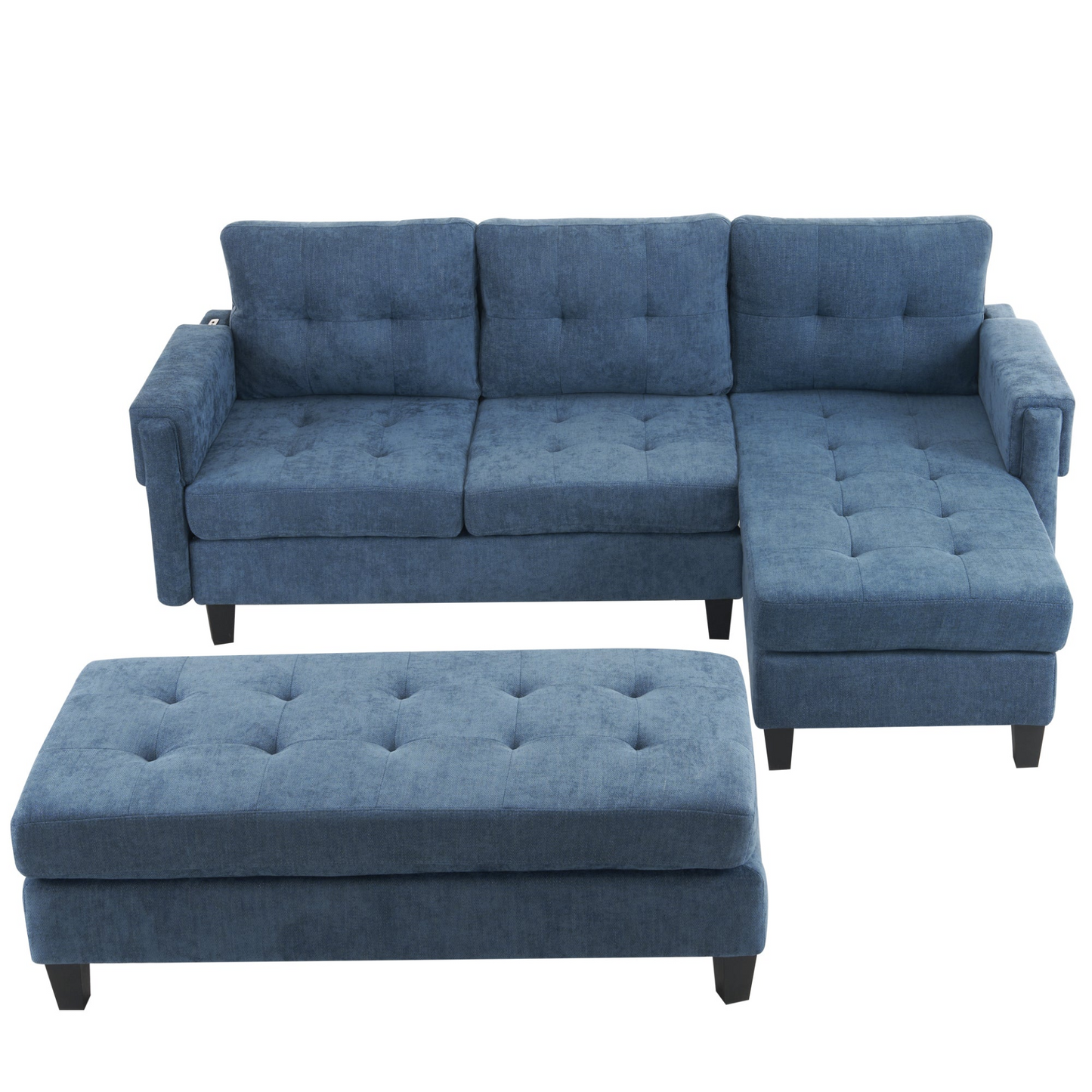 83.4" L-shaped Sofa Sectional Couch Sofa Bed with Two USB Ports, a Movable Ottoman and a Reversible Chaise Lounge for Living Room, Navy Blue
