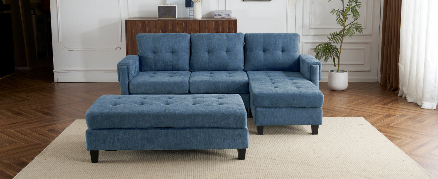 83.4" L-shaped Sofa Sectional Couch Sofa Bed with Two USB Ports, a Movable Ottoman and a Reversible Chaise Lounge for Living Room, Navy Blue