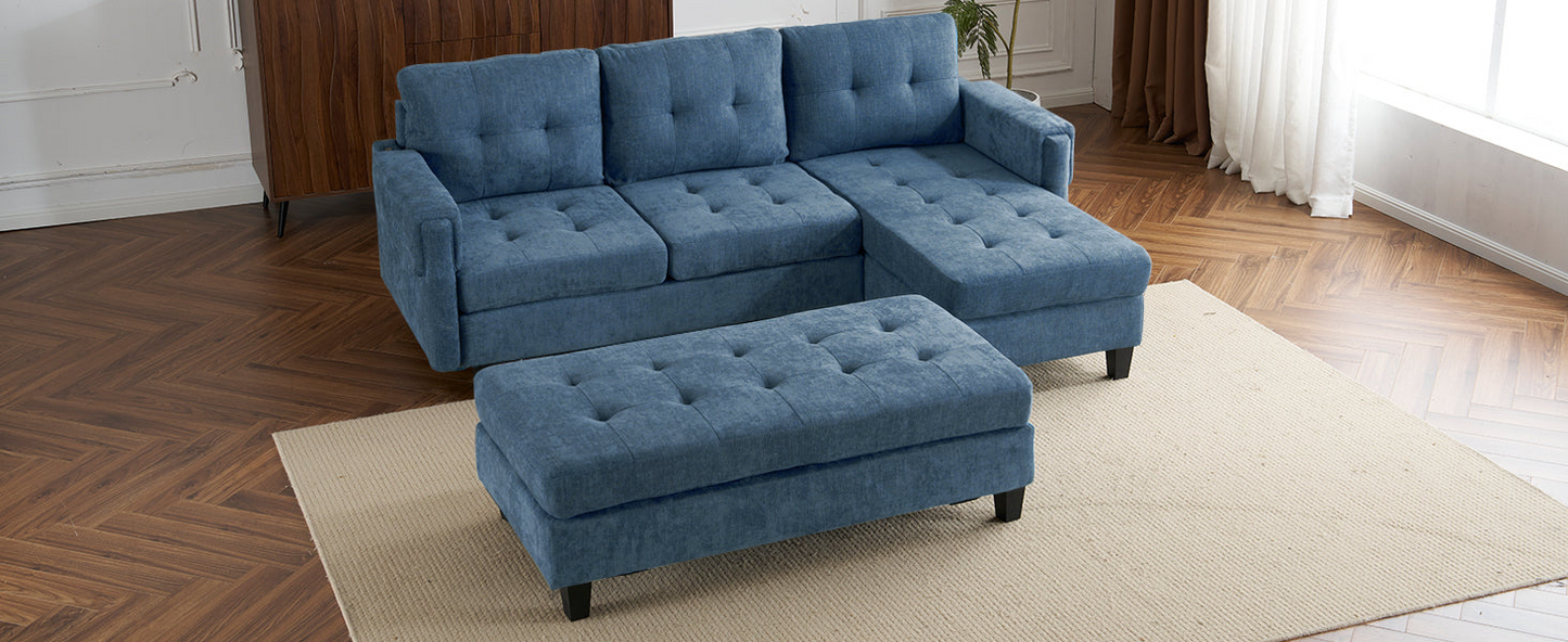 83.4" L-shaped Sofa Sectional Couch Sofa Bed with Two USB Ports, a Movable Ottoman and a Reversible Chaise Lounge for Living Room, Navy Blue