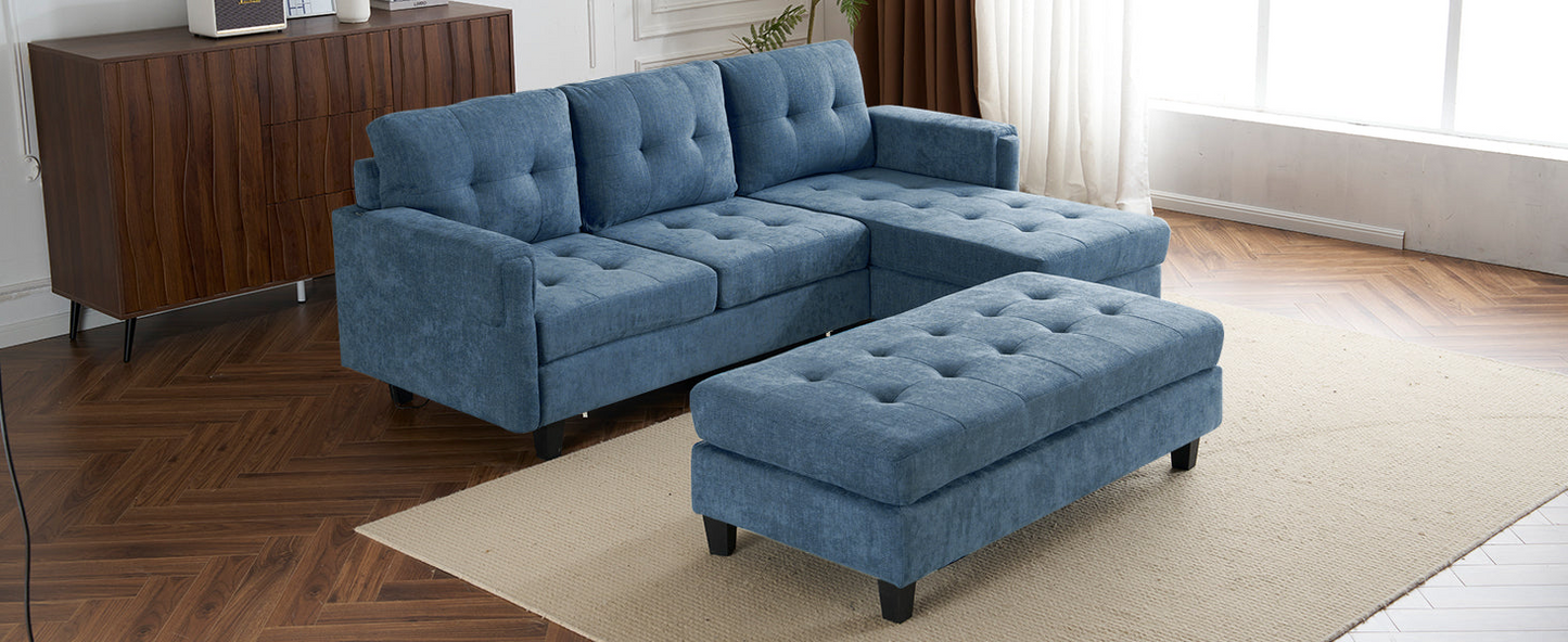83.4" L-shaped Sofa Sectional Couch Sofa Bed with Two USB Ports, a Movable Ottoman and a Reversible Chaise Lounge for Living Room, Navy Blue
