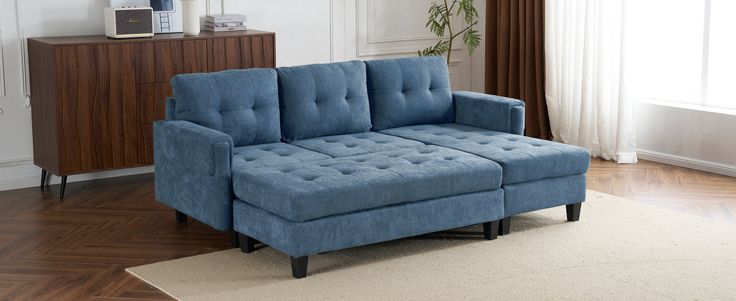 83.4" L-shaped Sofa Sectional Couch Sofa Bed with Two USB Ports, a Movable Ottoman and a Reversible Chaise Lounge for Living Room, Navy Blue