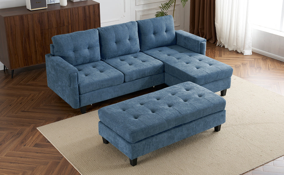 83.4" L-shaped Sofa Sectional Couch Sofa Bed with Two USB Ports, a Movable Ottoman and a Reversible Chaise Lounge for Living Room, Navy Blue