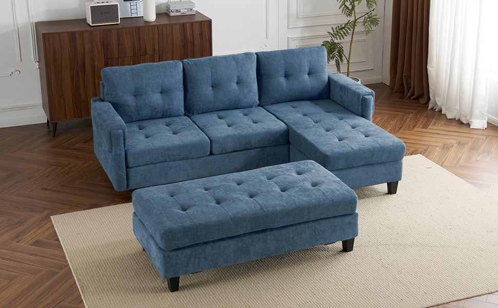 83.4" L-shaped Sofa Sectional Couch Sofa Bed with Two USB Ports, a Movable Ottoman and a Reversible Chaise Lounge for Living Room, Navy Blue